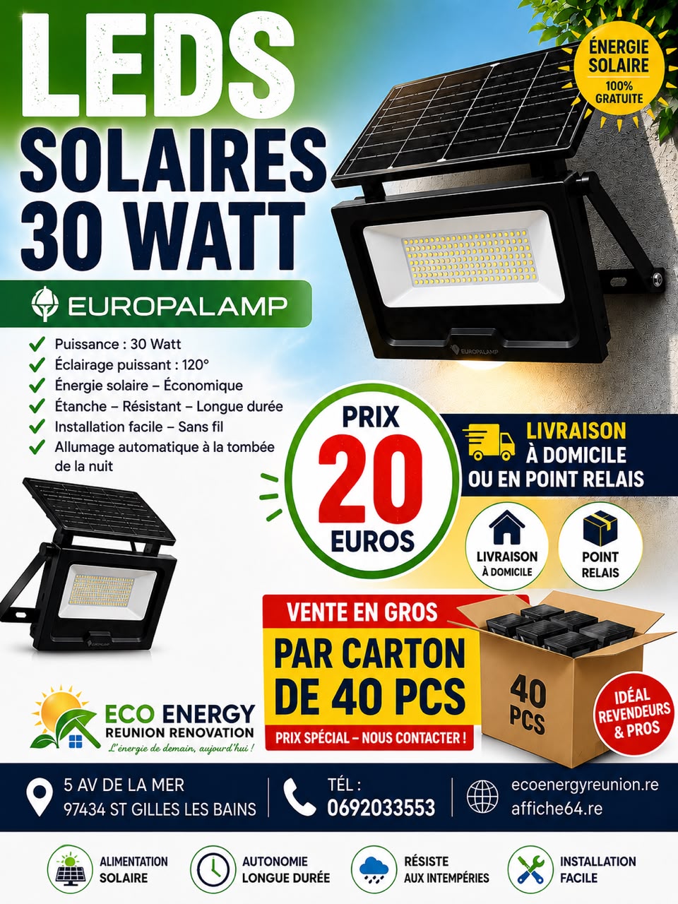 Projecteur LED Solaire 30W EUROPALAMP